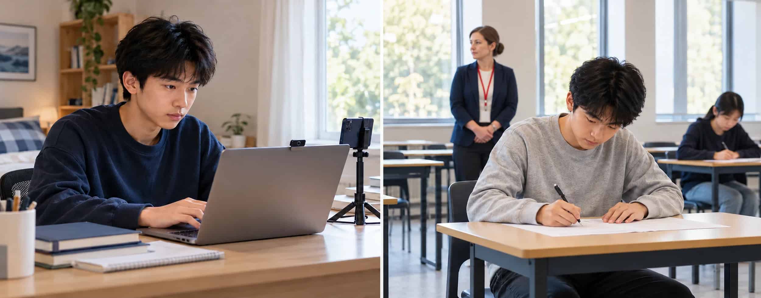 Two students take two very different tests: one at home online, the other in-person under independent exam invigilation conditions.